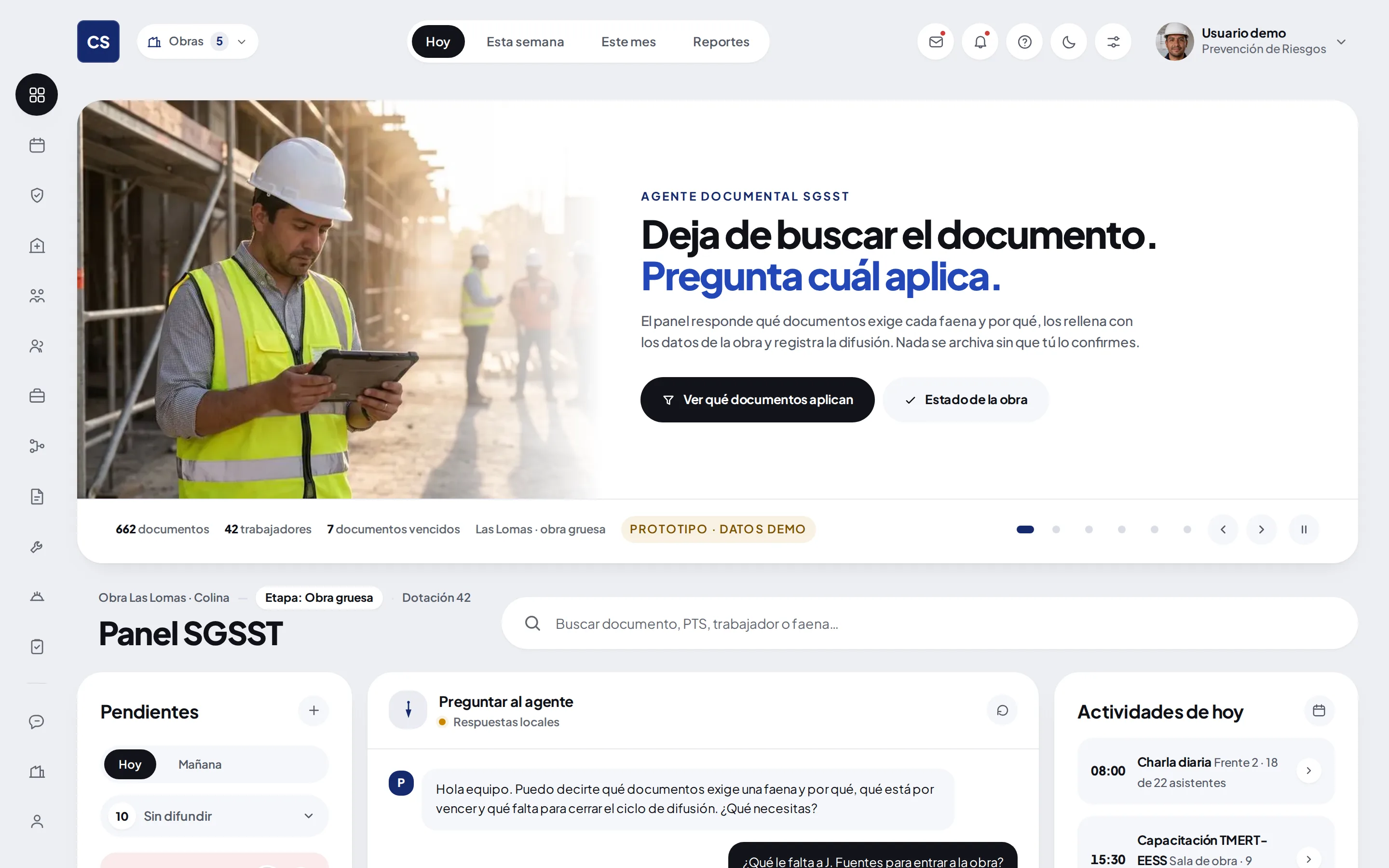Panel de la constructora en computador: documentos, trabajadores, firmas y cumplimiento de la obra.