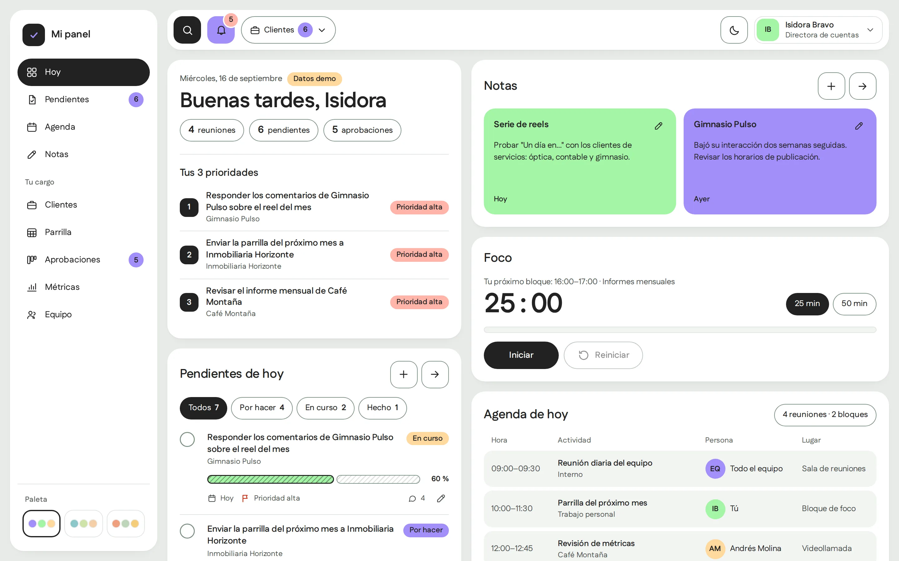Panel de gestión en computador, con los pendientes del día y la agenda.