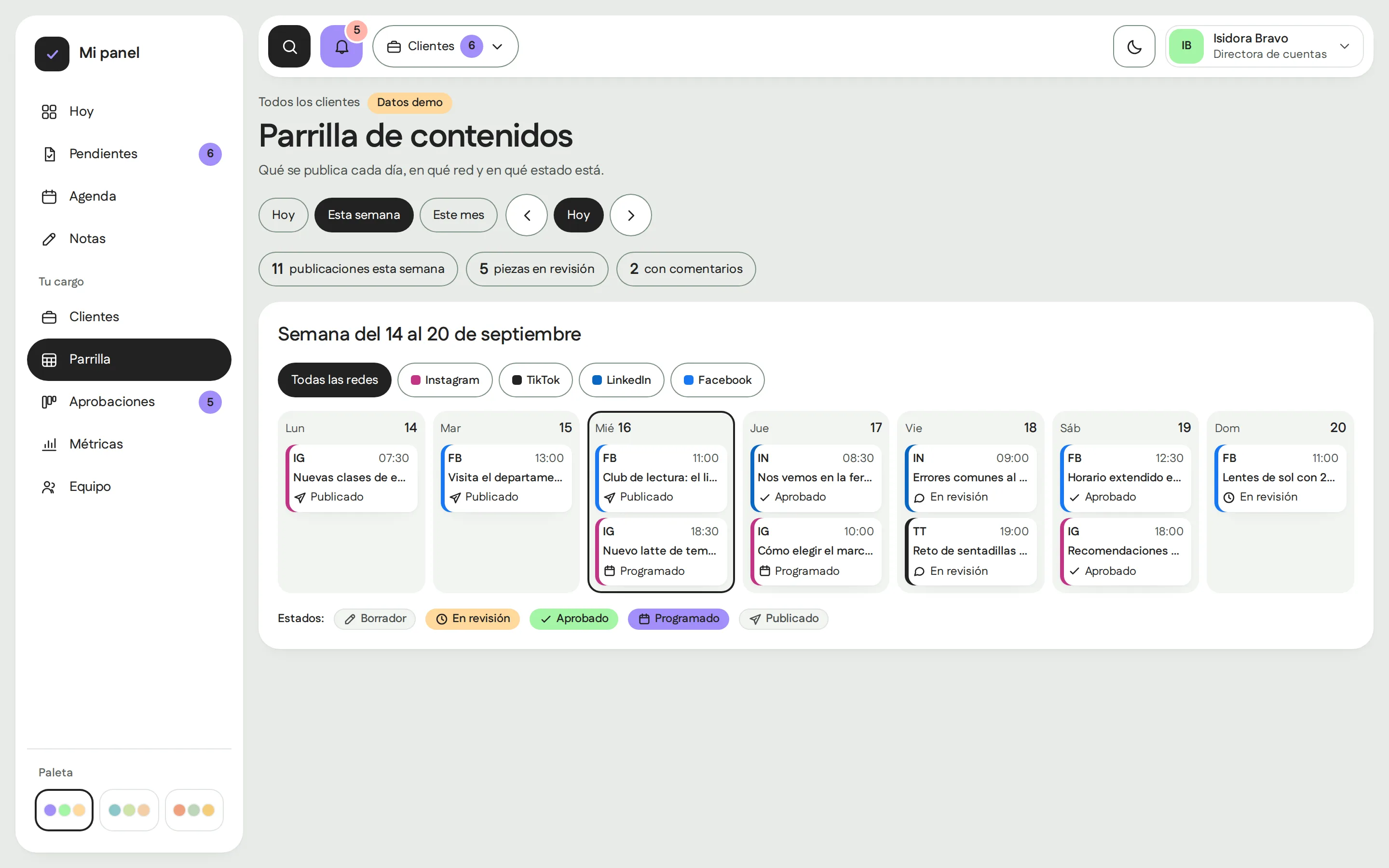 Panel de gestión en computador, vista Parrilla de contenidos con sus estados de aprobación.